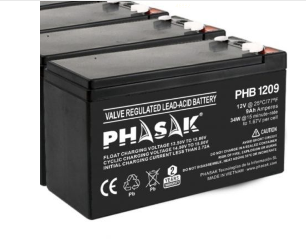 Bateria Plomo Phasak Phb 1209 12V 9A (151X65X100) Rae Incluido