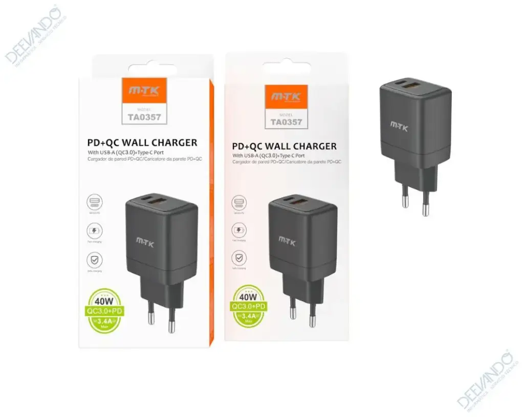 Cargador Rápido Pared M.Tk Usb 5V 3.4A 40W Usb/Tipo C Negro Ta0357