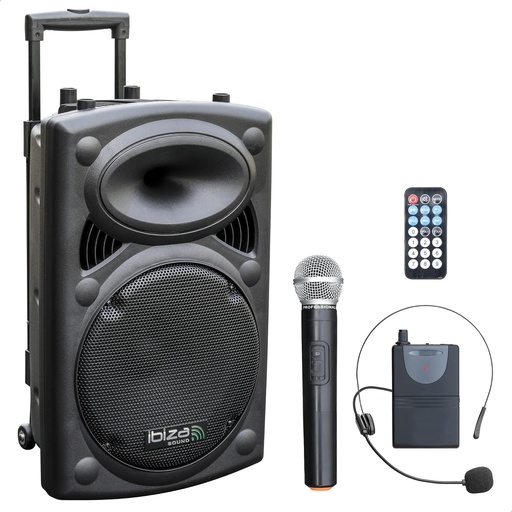 Altavoz Portatil Ibiza 12" 700W Max Con 2 Microfonos (Vhf), Mando A Distancia Y Funda Protectora - Bluetooth Usb Sd - Port12Vhf-Bt Autonomía De 5 A 7H